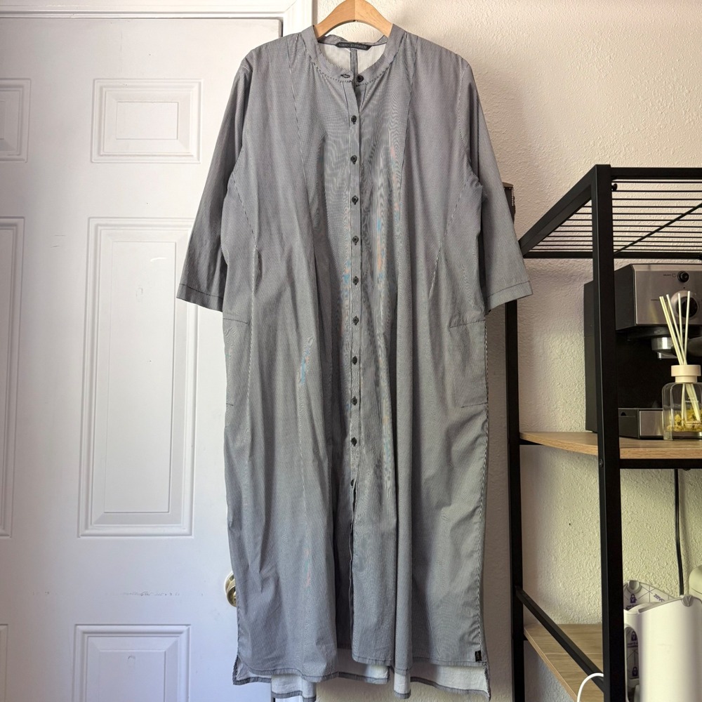 ELEMENTE CLEMENTE grey striped long sleeve button up lagenlook midi shirt dress